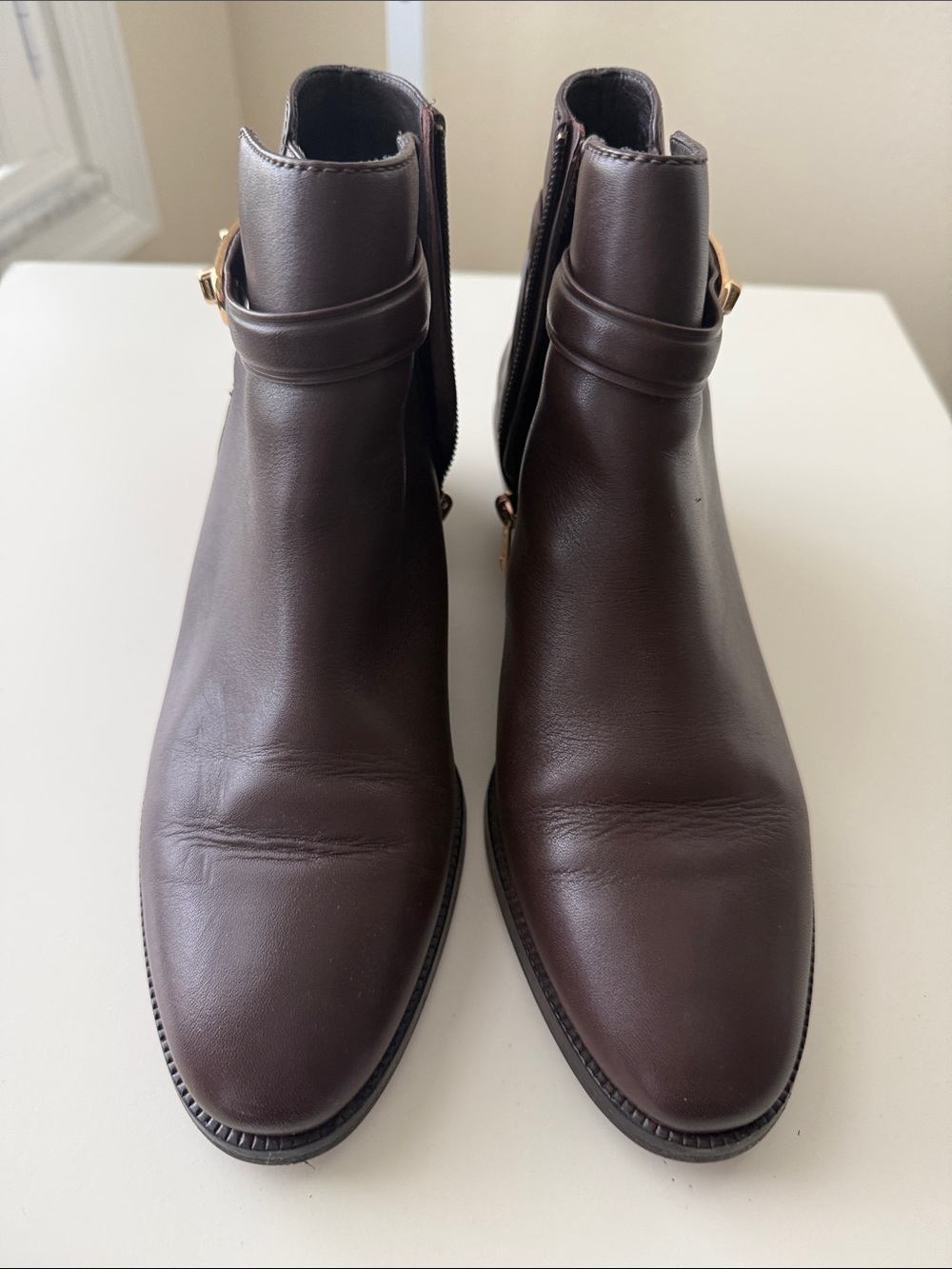 Coach Dark Brown Leather Ankle Booties with Gold Buckle